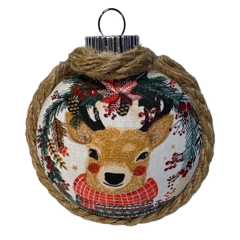 Fabric Christmas Ornament Deer & Polar Bear Design 3" Rope Trim Winter Holiday